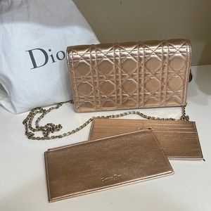 Auth Christian Dior Pink Metallic Lady Dior Wallet On Chain Clutch Rose Gold